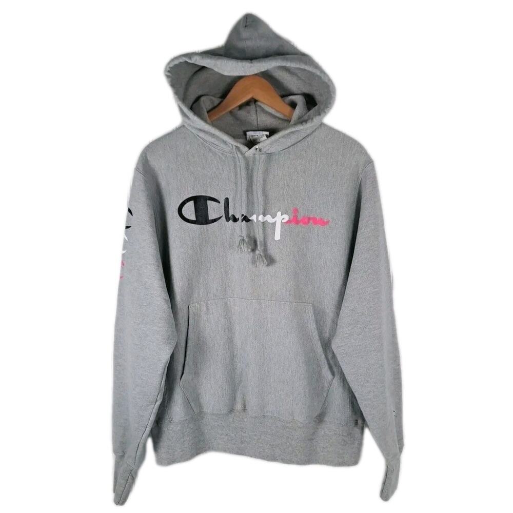 Champion Reverse Weave Hoodie Mens M Grey Hooded Sweatshirt Spellout GF68 Heavy